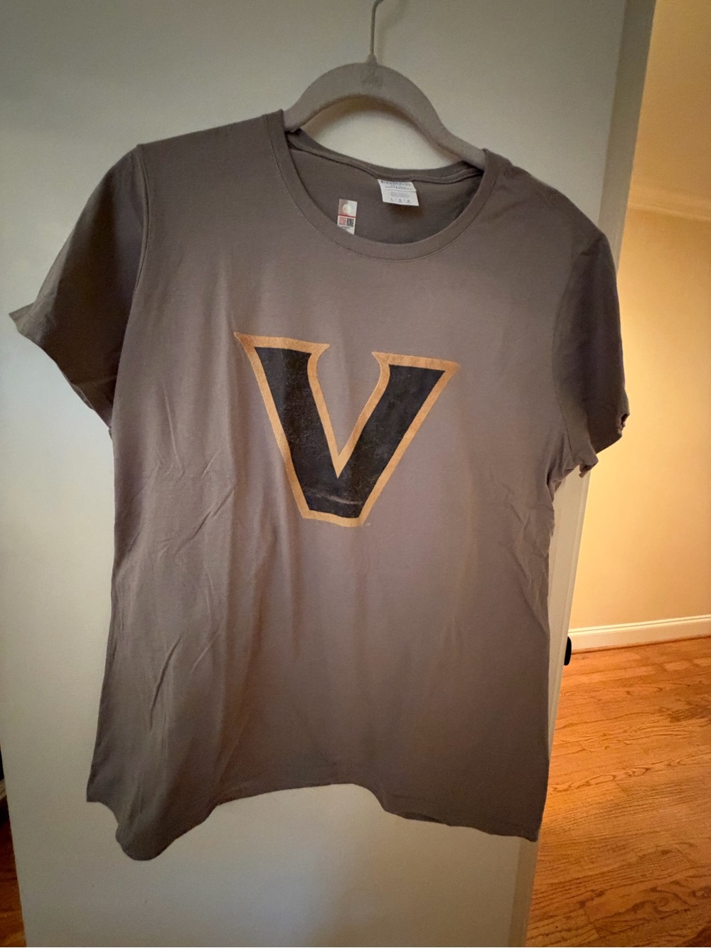 Port and Company Taupe Short Sleeve Tee with Black and Gold 'V' Graphic